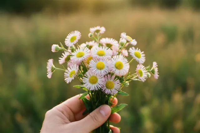 Een hand houdt witte madeliefjes met gele hartjes tegen een onscherpe groen-gouden achtergrond in zacht daglicht.