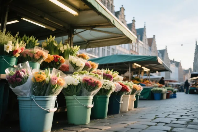 Kleurrijke boeketten in emmers staan op kasseien bij een marktkraam onder luifels, met historische stadsgebouwen op de achtergrond.