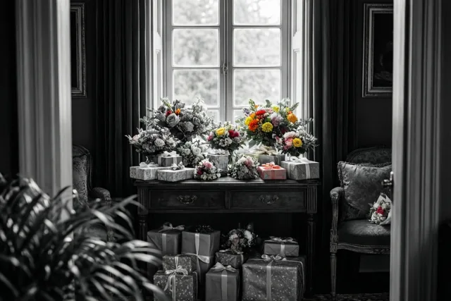 Kleurrijke boeketten en ingepakte cadeaus vullen een donkere houten tafel voor een raam met donkere gordijnen, tegen een grotendeels zwart-witte achtergrond.