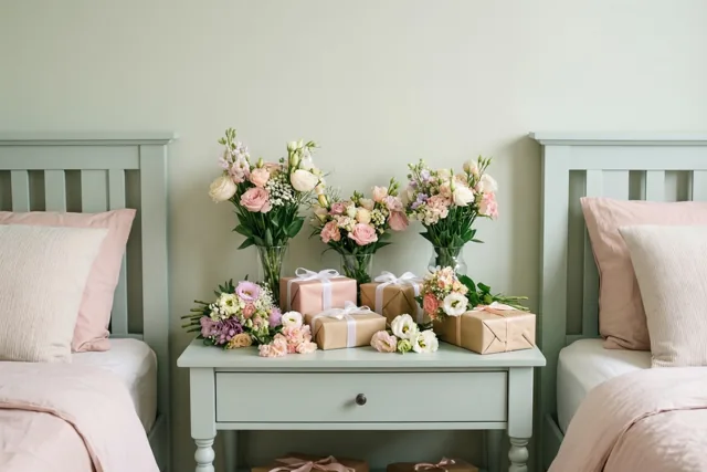 Kleine boeketten in vazen en ingepakte cadeaus staan op een nachtkastje tussen twee bedden in een zacht verlichte kamer met pastelroze en mintgroene tinten.
