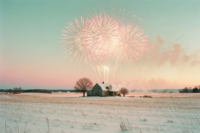 Een afgelegen boerderij staat in een besneeuwd veld onder vuurwerk in zachtroze en blauwgroene tinten.