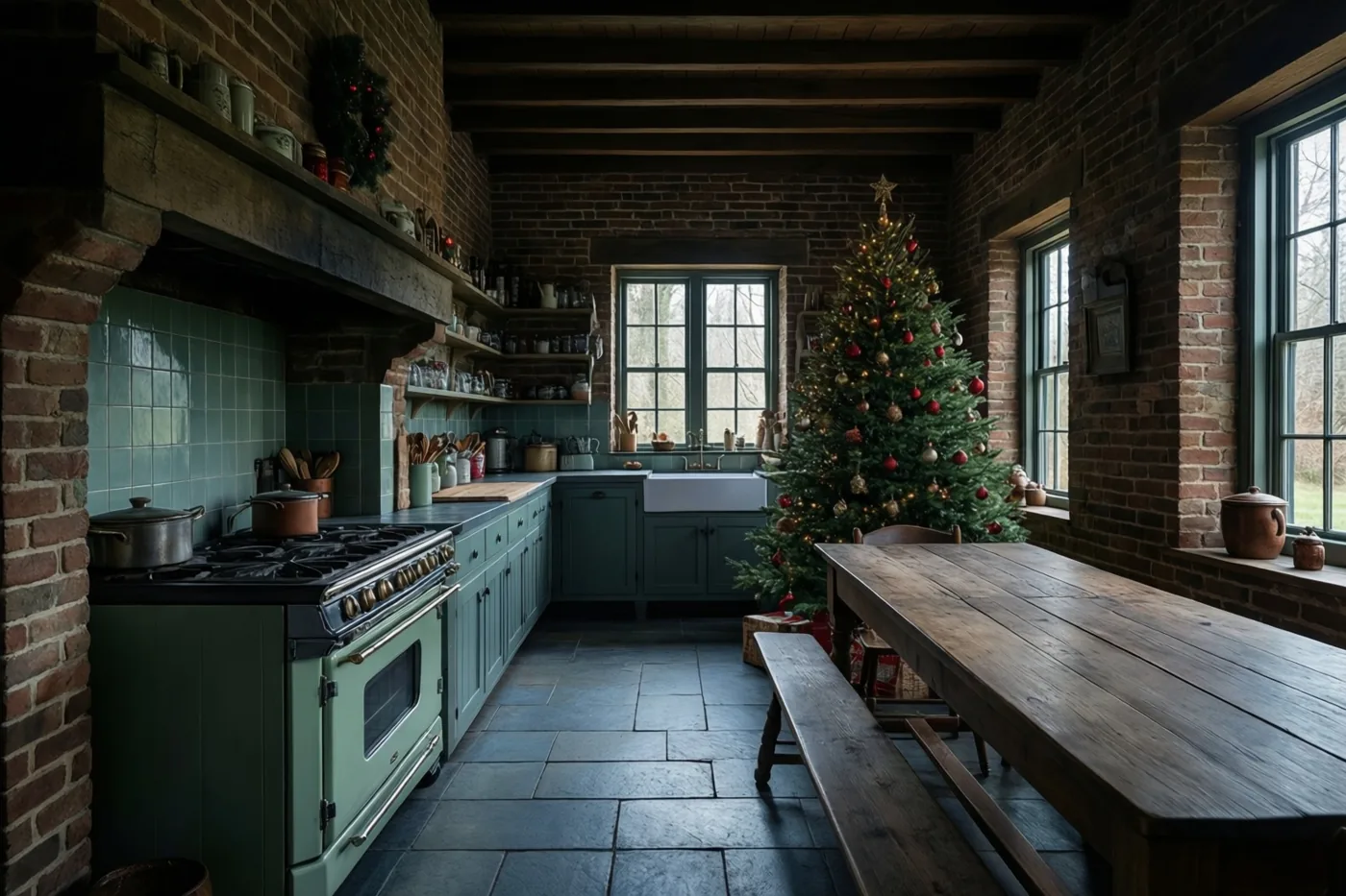 Een landelijke keuken met rode bakstenen muren, blauwgroene kasten en tegels bevat een lange houten eettafel en een versierde kerstboom.