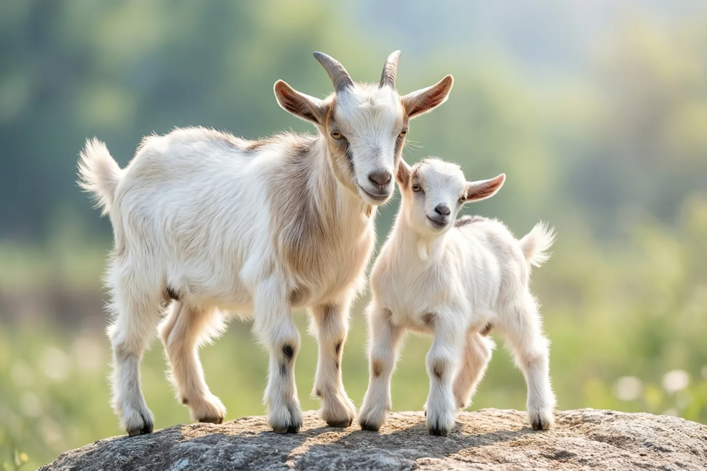 Een bok en een klein geitje kijken naar de camera vanaf een zonnige rots, met een onscherp groen veld op de achtergrond.
