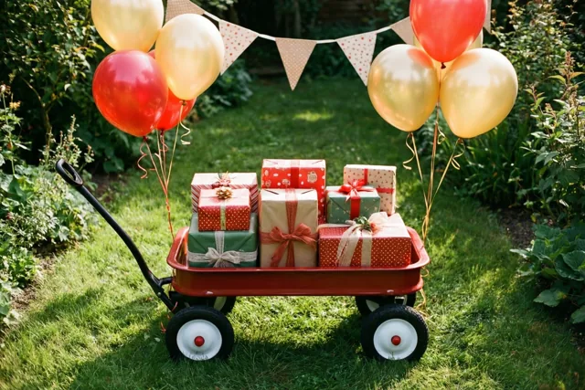 Een rode bolderkar vol ingepakte cadeaus staat op het gras in een tuin, met rode en gouden ballonnen aan de trekstang en een vlaggenlijn met patronen erachter.