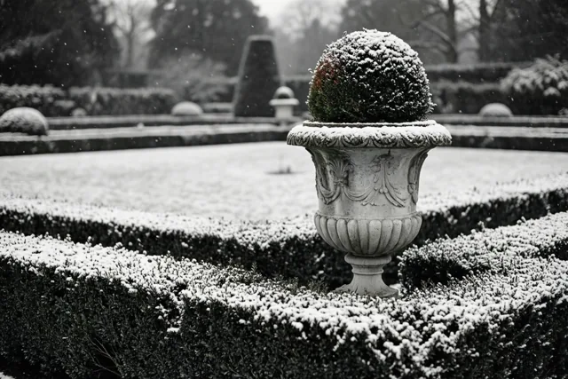Een monochroom beeld toont een besneeuwde formele tuin met een stenen siervaas met een bolvormig gesnoeide struik tussen nette buxushagen.