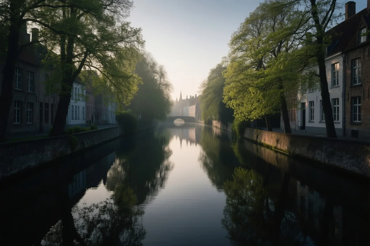 Bomen en historische gebouwen langs een rustige stadsgracht weerspiegelen in het water onder een zachte ochtendlucht in groen-, bruin- en lichtblauwe tinten.