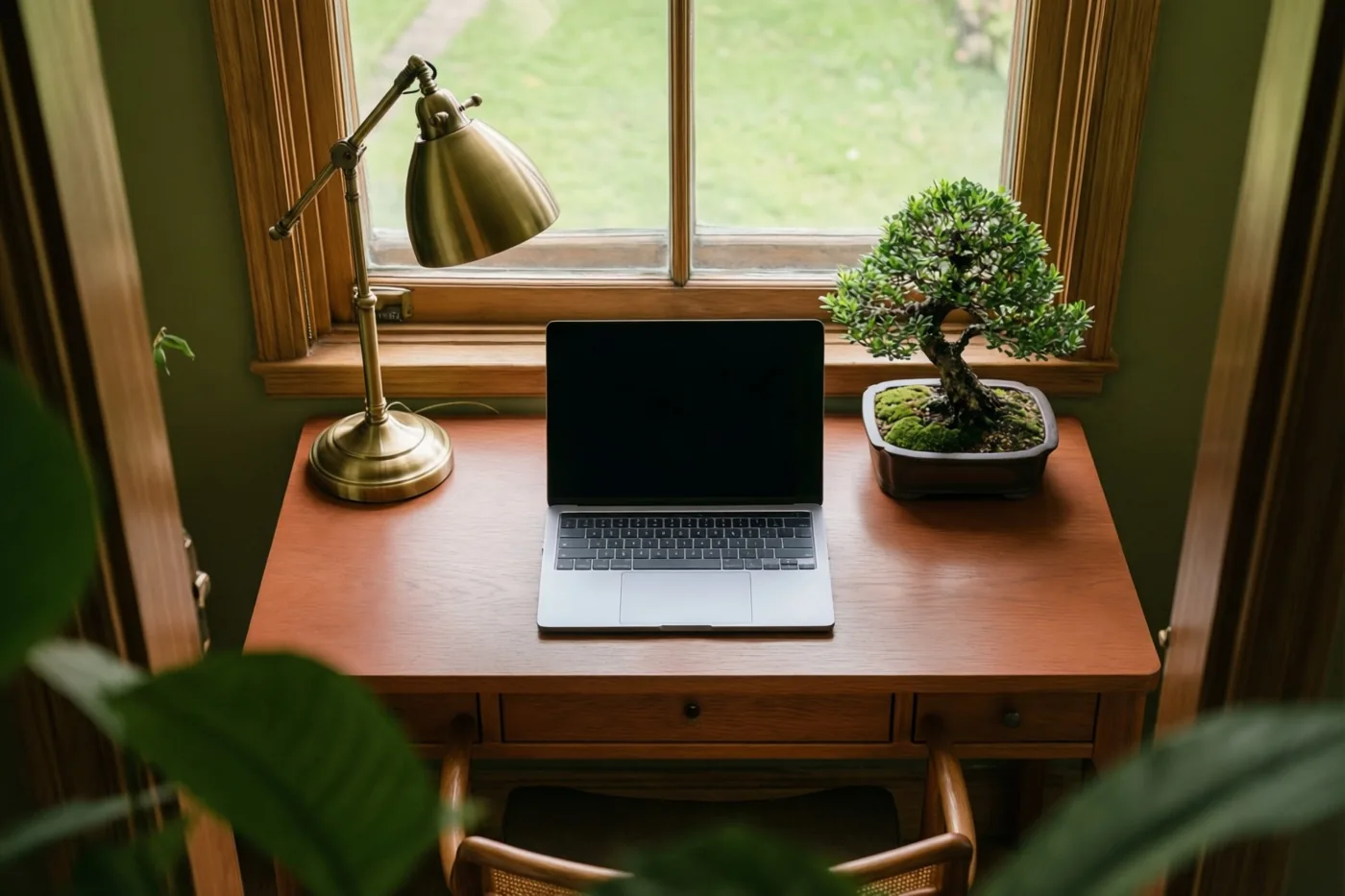 Een houten bureau bij een raam draagt een zilverkleurige laptop, een messing bureaulamp en een kleine bonsai in een donkere pot, in een kamer met groene muren.