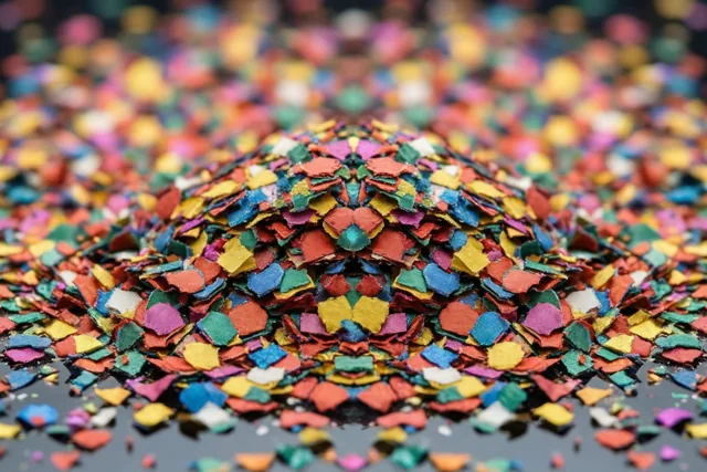 Een hoopje rode, gele, blauwe en groene confetti ligt op een glanzend zwart oppervlak.