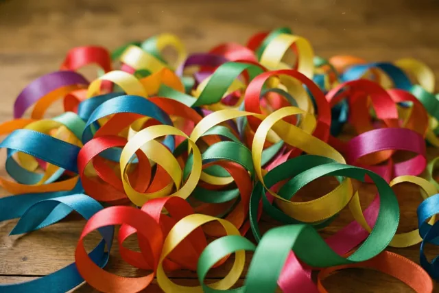 Gekrulde satijnen linten in rood, groen, geel, blauw en oranje liggen door elkaar op een houten oppervlak.