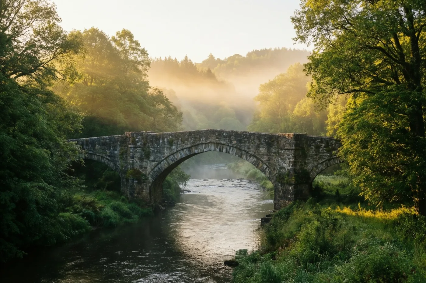 Een stenen boogbrug overspant een rivier in een beboste vallei en komt uit de ochtendmist tevoorschijn in warm, goudkleurig licht.