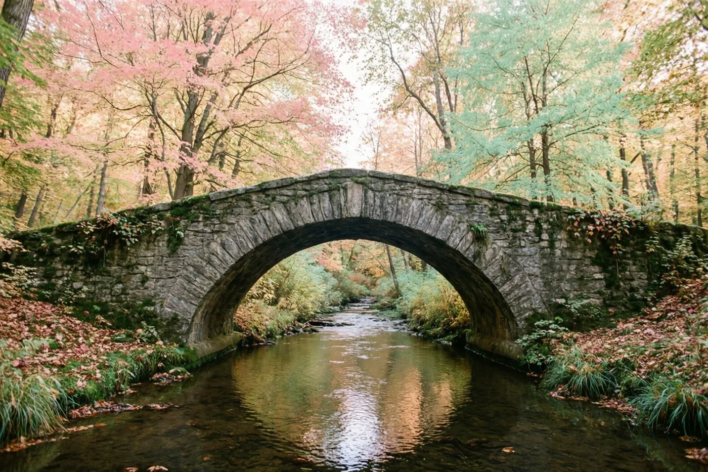 Een oude stenen voetbrug met één boog overspant een rustige beek in een herfstbos, in zachtroze, groene en aardbruine tinten.