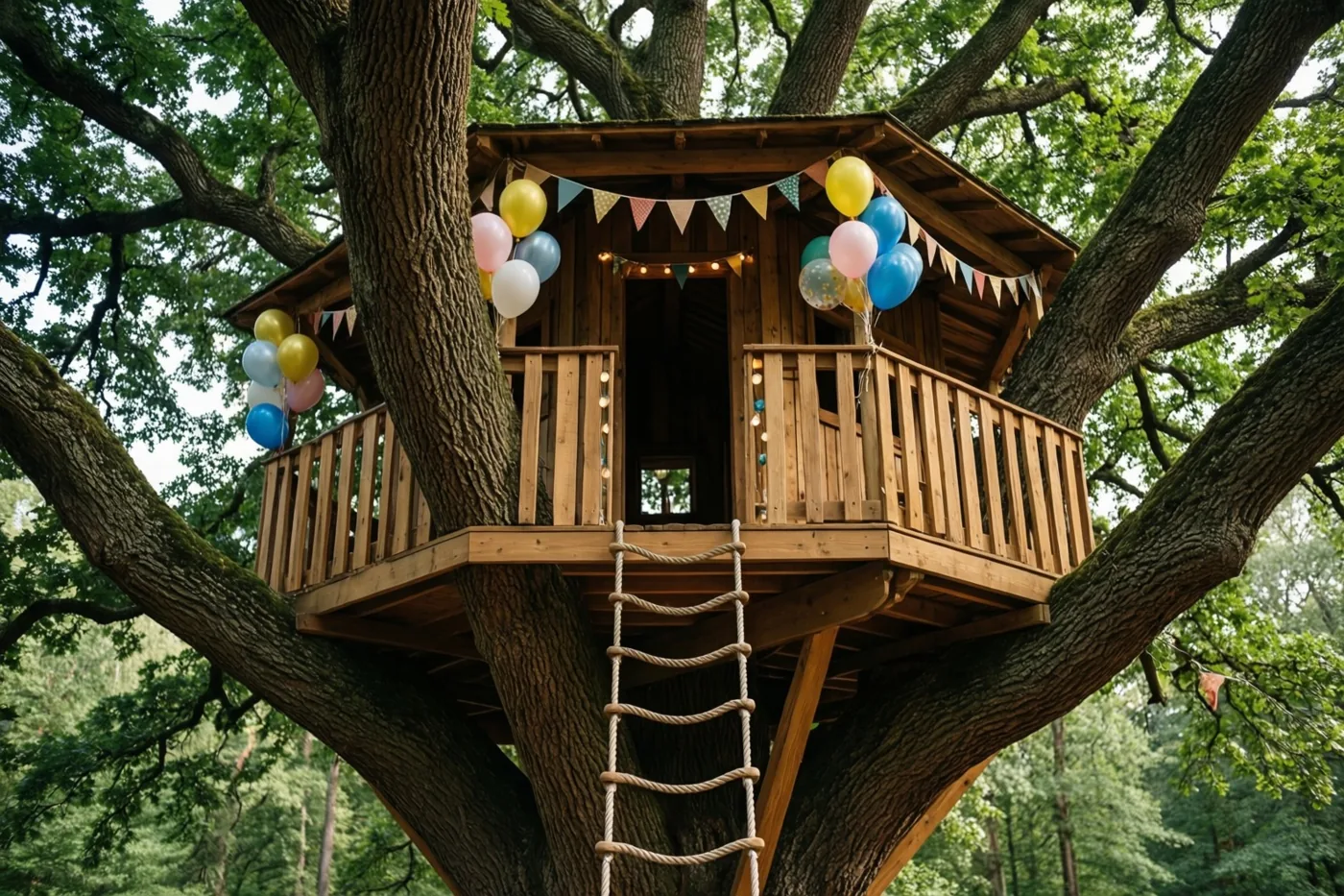 Een houten boomhut in een grote eik is versierd met kleurrijke ballonnen en vlaggetjes, met een touwladder vanaf het platform in een weelderig groen bos bij daglicht.