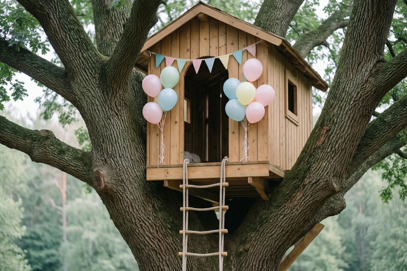 Een houten boomhut in een grote eik is versierd met pastelballonnen en kleurrijke vlaggetjes, met een touwladder aan het platform tussen het weelderige bosgroen.
