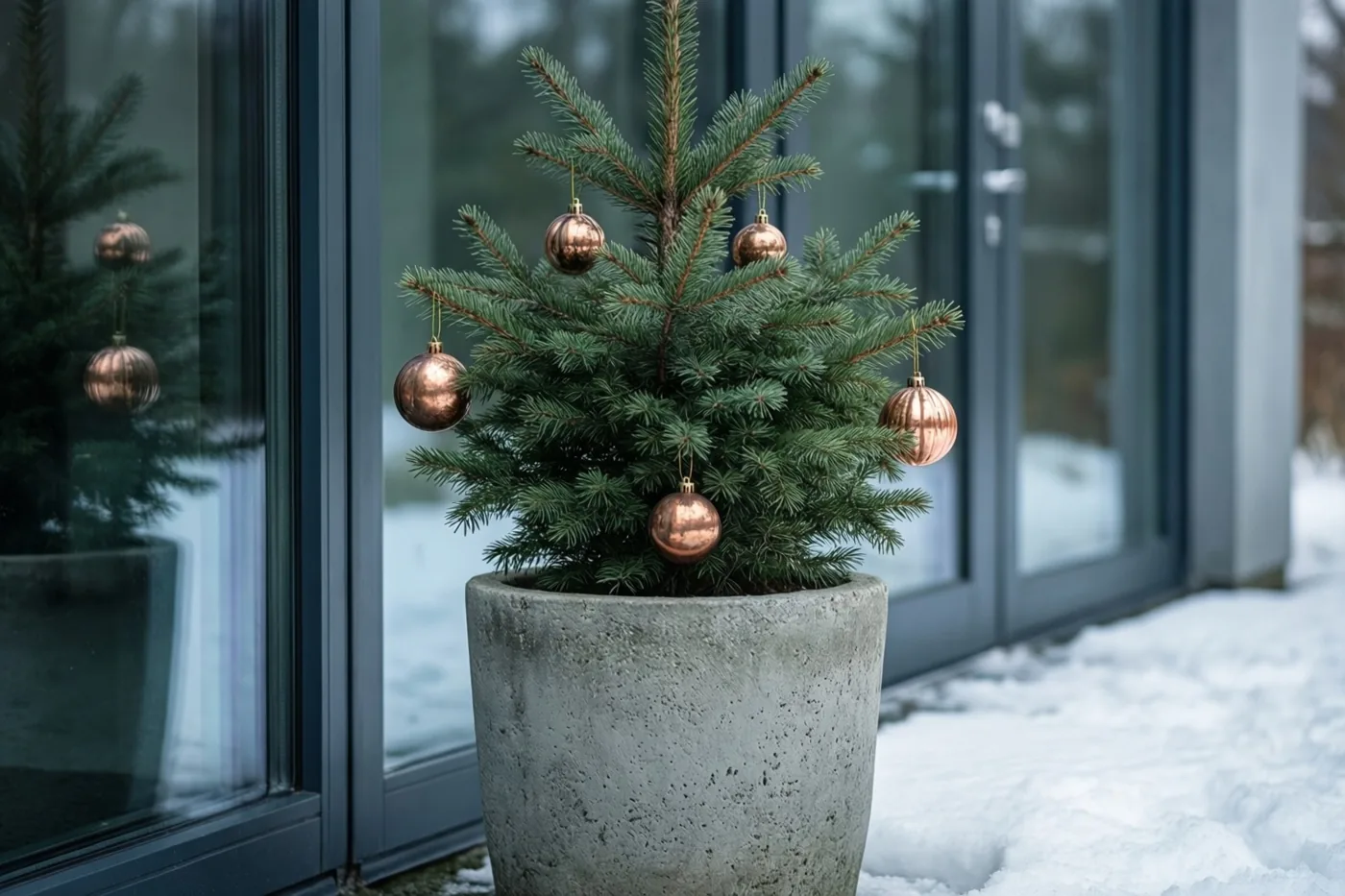 Een klein dennenboompje met koperen kerstballen staat in een grijze betonnen plantenbak in de sneeuw naast een moderne glazen deur.