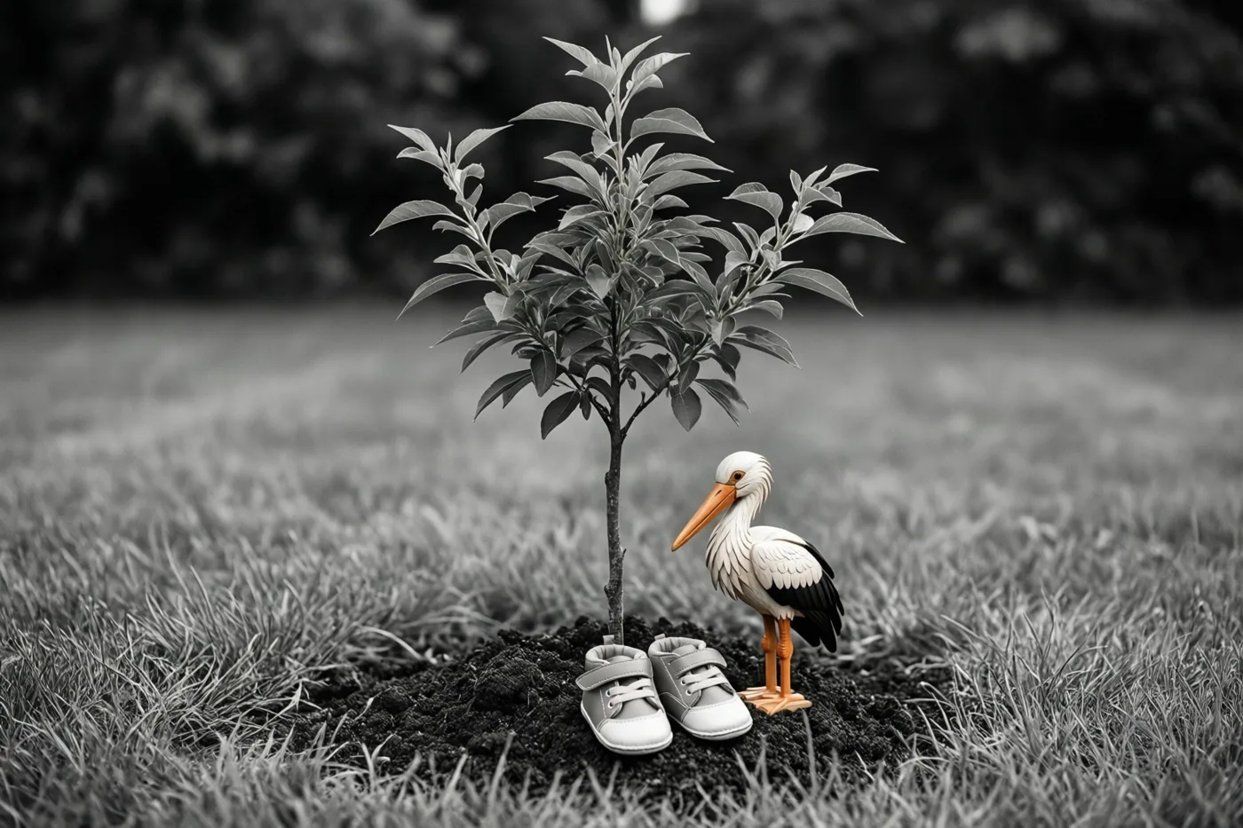 Een boompje met babyschoentjes en een houten ooievaar staat in donkere aarde in een grasveld, weergegeven in zwart-wit behalve de oranje snavel en poten van de ooievaar.