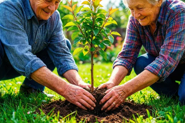 Een ouder koppel knielt in een zonnige tuin en drukt samen de aarde rond een jonge boom aan, tegen een wazige groene achtergrond.