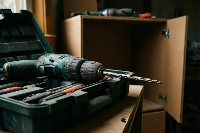 Een groen-zwarte boormachine met boor ligt in een open groene gereedschapskist boven op een kartonnen kast in een schaars verlichte werkplaats.
