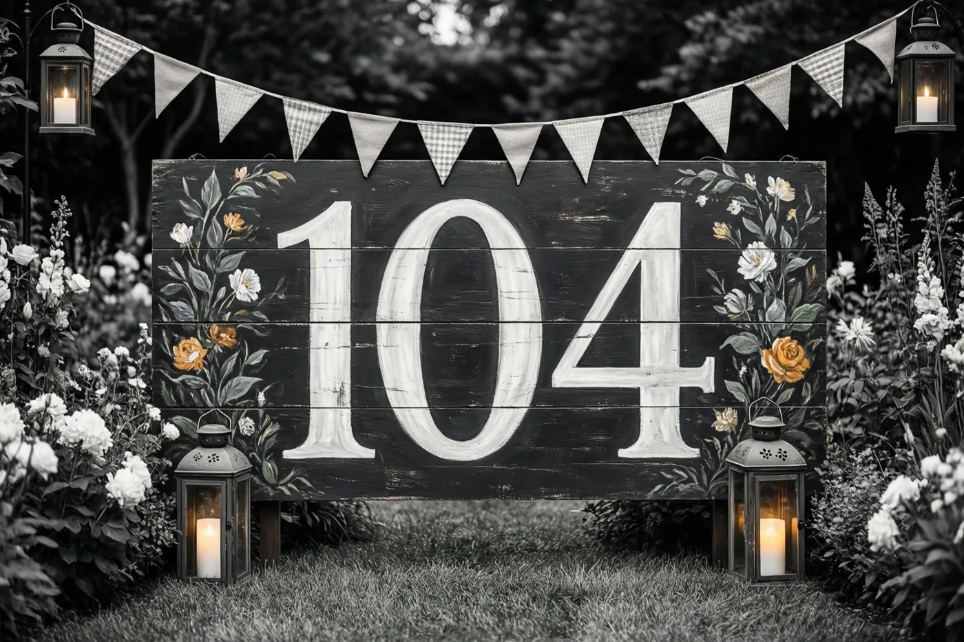 Een houten bord met 104 in wit staat tussen bloemen, vlaggetjes en brandende lantaarns in een tuin, in zwart-wit met kleuraccenten in bloemen en kaarslicht.
