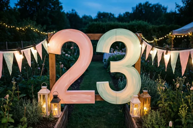 Een beschilderd houten bord met 23 staat bij schemering tussen groen en bloemen in een tuin met lichtslingers, vlaggetjes en brandende lantaarns.