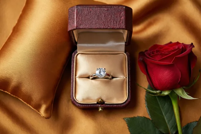 Een open bordeauxrood ringdoosje met een ring met één diamant staat op goudkleurige zijde naast één rode roos met groene bladeren.