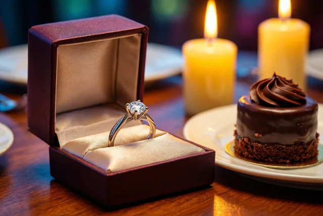Een open bordeauxrood ringdoosje met een diamanten ring staat op een houten tafel naast een chocoladedessert op een wit bord, verlicht door twee brandende kaarsen.