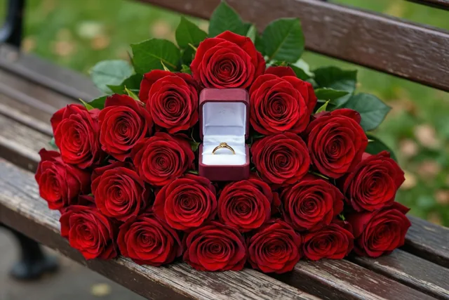 Op een boeket felrode rozen op een houten parkbank rust een open bordeauxrood ringdoosje, met wazig groen op de achtergrond.