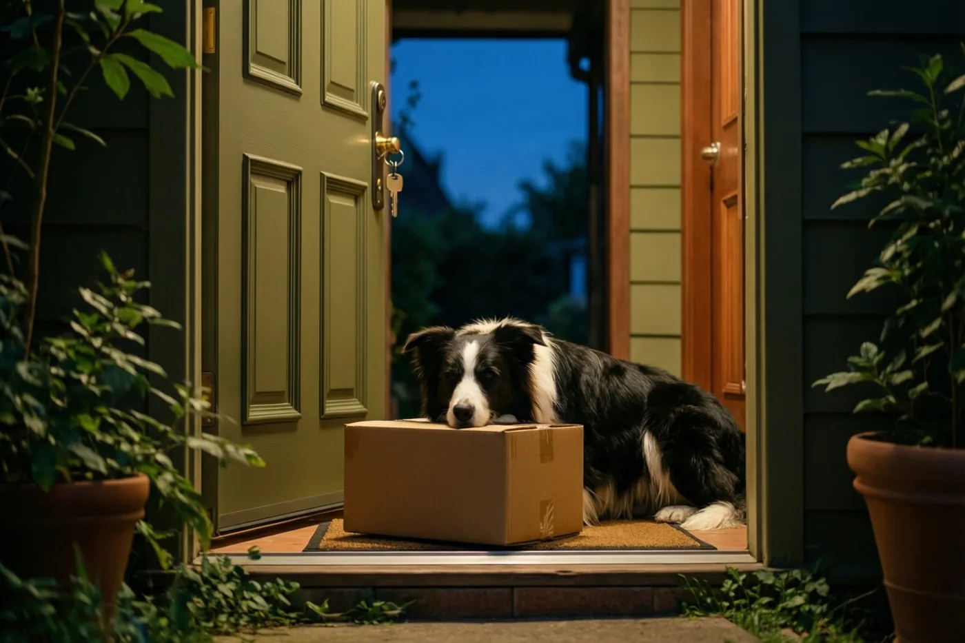 Een zwart-witte bordercollie rust met zijn kop op een verhuisdoos op de deurmat bij een nieuwe voordeur, met warm licht binnen en een donkerblauwe avondlucht buiten.