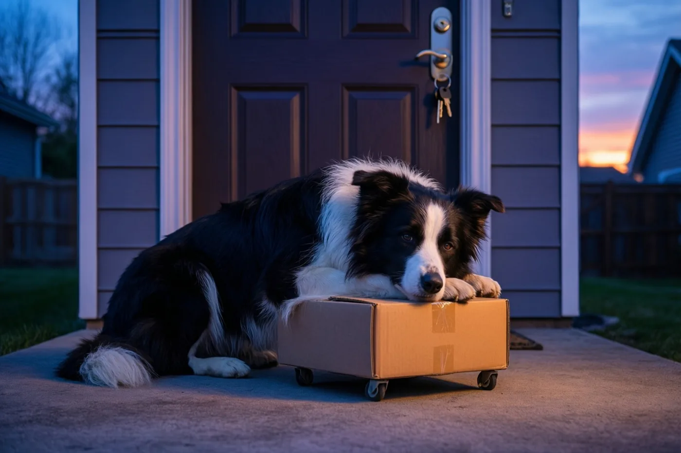 Een zwart-witte bordercollie rust met zijn kop op een verhuisdoos met wielen op een betonnen bordes bij een nieuwe voordeur, met een kleurrijke zonsondergang achter zich.