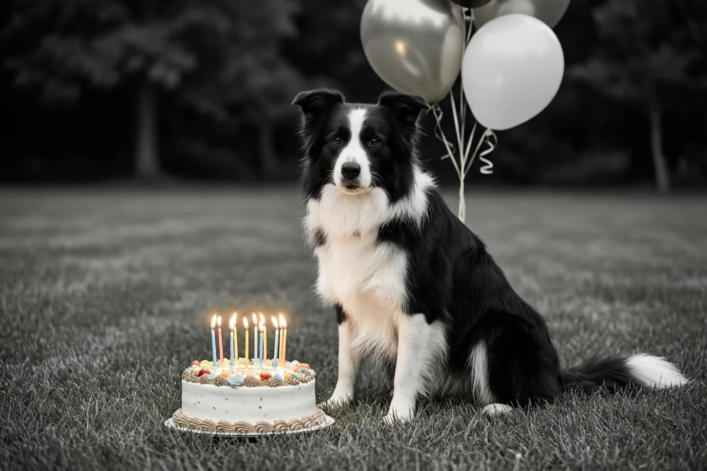 Een zwart-witte bordercollie zit op een grasveld naast een verjaardagstaart met brandende kaarsjes en zilveren en witte ballonnen.