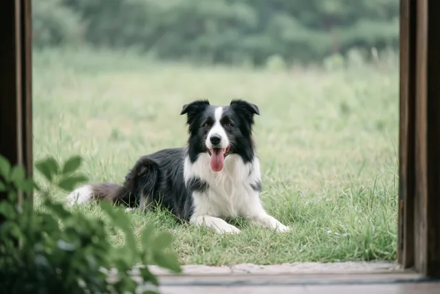 Een zwart-witte bordercollie ligt met zijn tong uit zijn bek in groen gras, gezien door een opening met een houten kader en wazige bladeren ervoor en erachter.