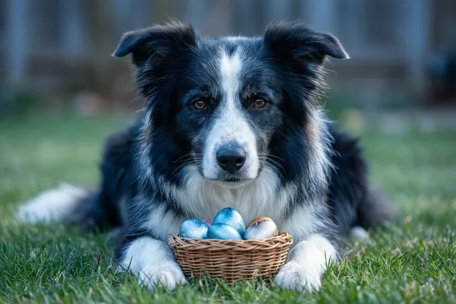 Een zwart-witte bordercollie ligt op groen gras met een rieten mandje beschilderde paaseieren tussen zijn poten, in een tafereel met koele blauwe en groene tinten.