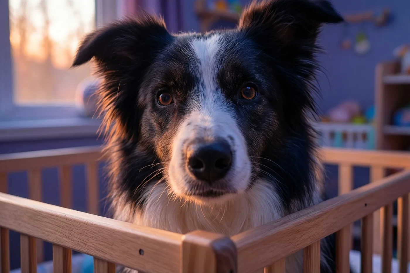 Een zwart-witte bordercollie kijkt vanuit een houten wieg naar buiten in een babykamer met warm goudkleurig zonlicht uit een raam.