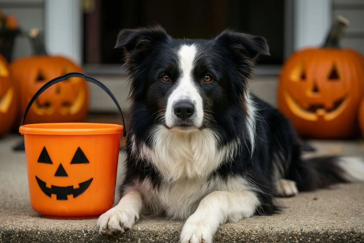 Een zwart-witte bordercollie ligt op een betonnen trede naast een oranje snoepemmer met een pompoengezicht, met uitgesneden pompoenen op de achtergrond.