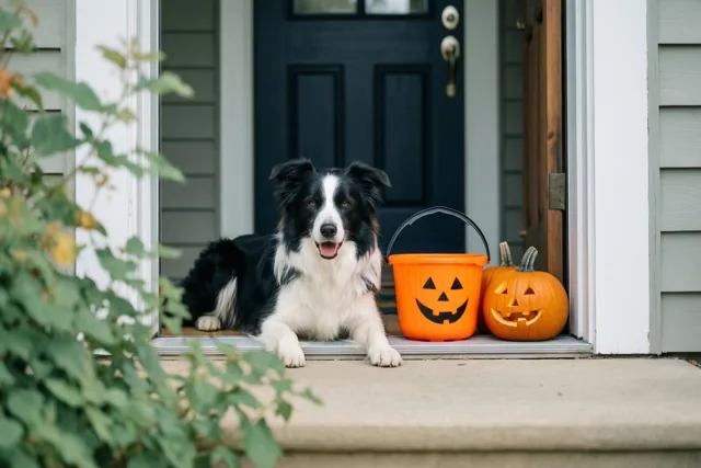 Een zwart-witte bordercollie ligt bij daglicht op een trede bij de voordeur naast een oranje snoepemmer en twee uitgesneden pompoenen, voor een donkerblauwe deur met witte omlijsting en lichtgrijze gevelbekleding.