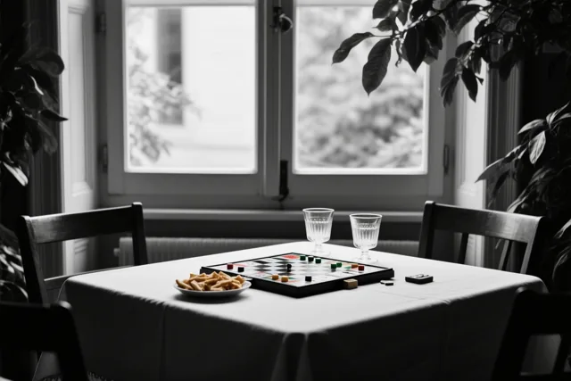 Een zwart-witfoto toont een bordspel, hapjes en twee glazen op een tafel in een kamer met een raam en planten.