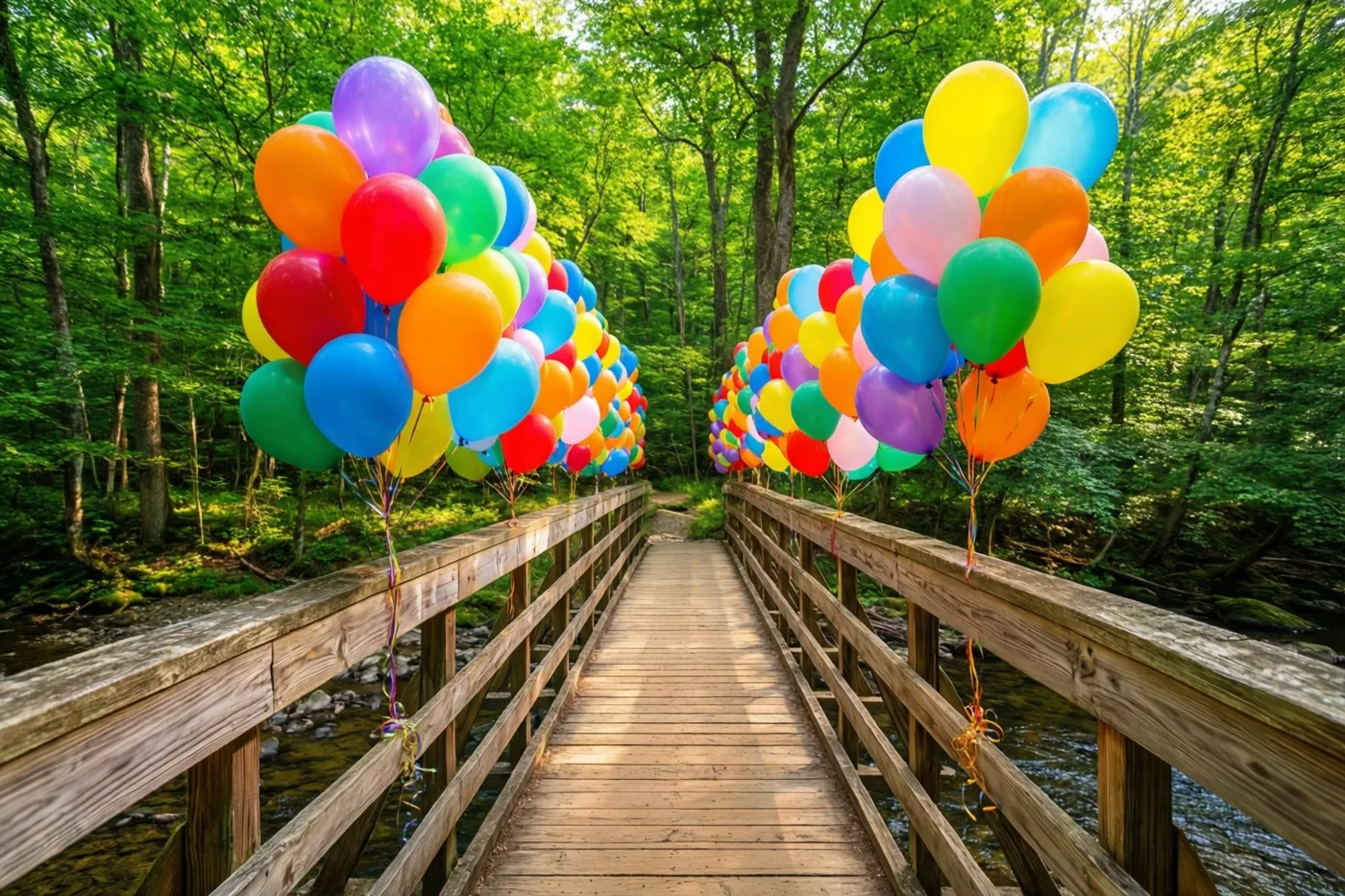Een houten voetbrug over een bosbeek is aan beide kanten versierd met kleurrijke ballonnenslingers, terwijl zonlicht door het groene bladerdak valt.