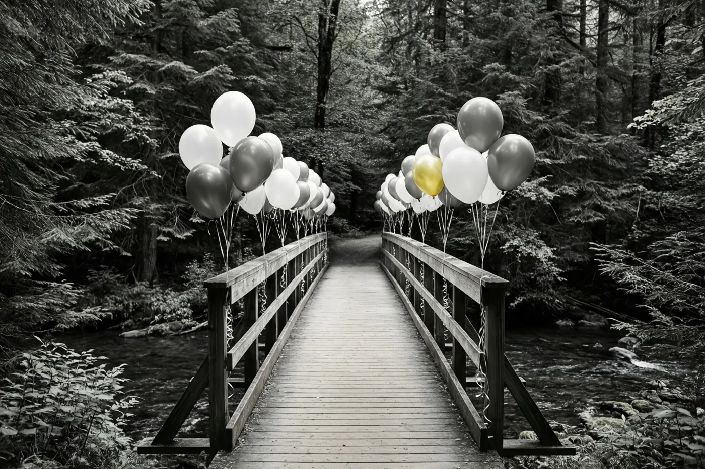Een houten voetbrug over een bosbeek is aan beide kanten versierd met witte en zilveren ballonnen en telkens één gouden ballon, tegen een bos in grijstinten.