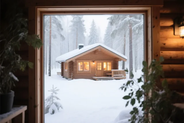 Vanuit een houten huisje is door een raam een ander houten huisje met verlichte ramen in een besneeuwd bos te zien, omlijst door een houten kozijn en kamerplanten.