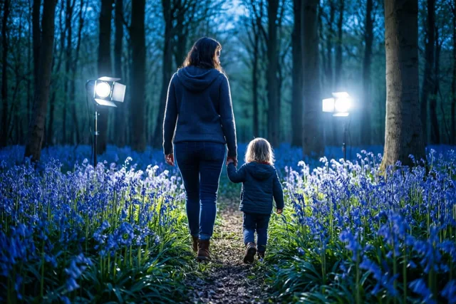 Een moeder en kind wandelen hand in hand over een pad door een dicht bos vol boshyacinten in koele blauwe en groene tinten.
