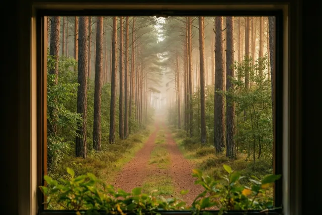 Vanuit een kamer zie je door een raam een smal onverhard pad door een dicht dennenbos in de ochtendmist, met groen op de voorgrond.