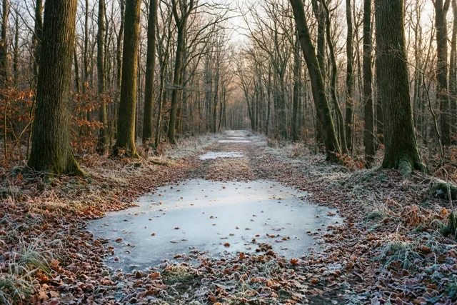 Een kronkelend bospad met bevroren plassen en berijpte bladeren loopt tussen kale eiken in zacht, goudkleurig licht.