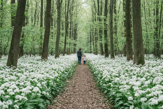 Een moeder en klein kind wandelen hand in hand over een bospad met witte daslookbloemen tussen hoge bomen.
