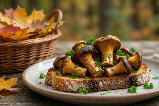 Een bord geroosterd brood met gebakken bospaddenstoelen en peterselie staat op een houten tafel in een bos naast een rieten mand met herfstbladeren.