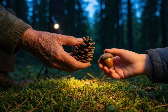 Een oudere hand met een dennenappel en een kinderhand met een eikel bevinden zich boven een bemoste bosbodem in een schemerig bos met een warme lichtbron op de achtergrond.