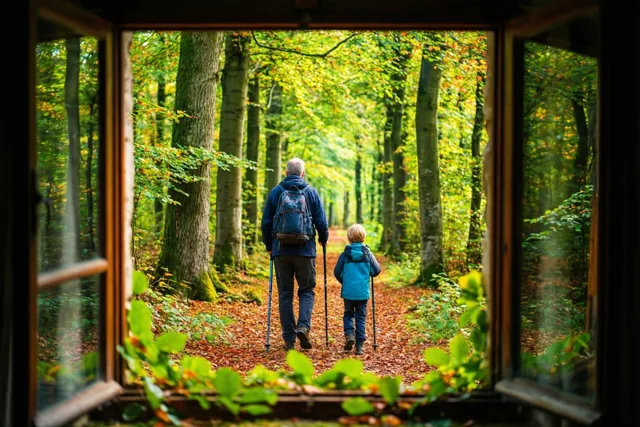 Door een open raam met groen gebladerte vooraan zie je een vader en een kind van achteren over een met bladeren bedekt pad in een beukenbos wandelen, beiden met wandelstokken.