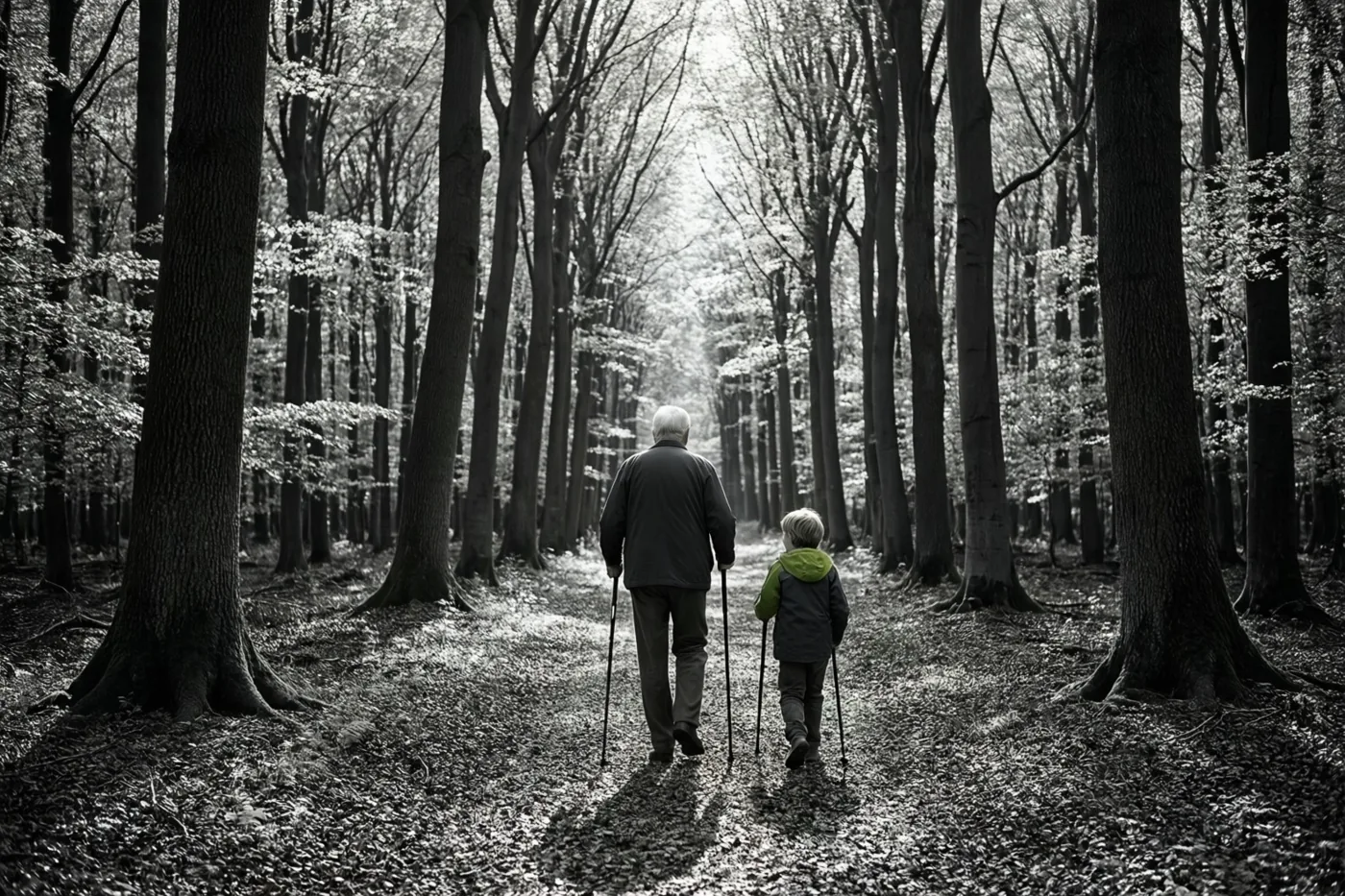 Een oudere man en een jong kind lopen met wandelstokken van de kijker weg door een dicht beukenbos, in zwart-wit met alleen een groen accent op de jas van het kind.