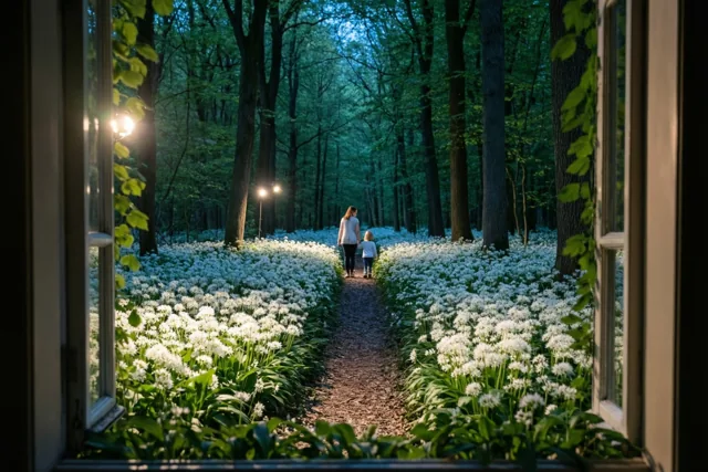 Door een open raam zie je een moeder en klein kind hand in hand wandelen over een bospad vol witte daslookbloemen in zacht daglicht.