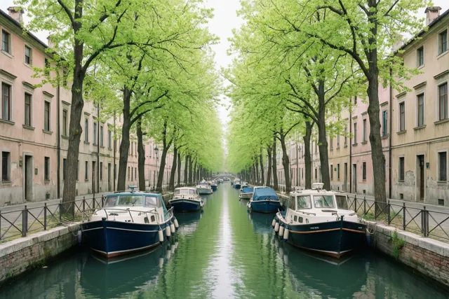 Langs een gracht met aangemeerde boten en oude gevels staan hoge lindebomen met frisgroene bladeren.