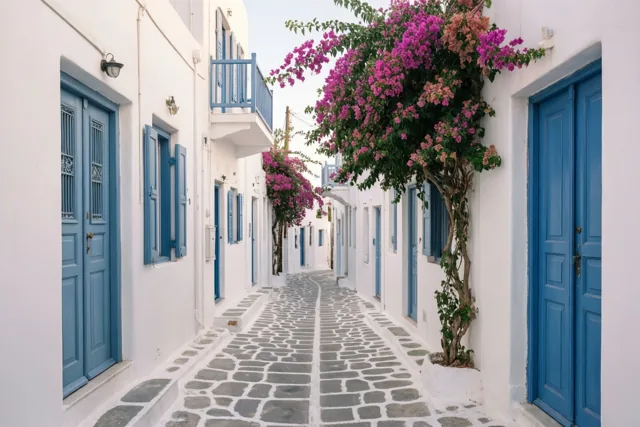 Roze en magentakleurige bougainvillea hangt over muren en balkons in een smal straatje met kasseien, witte muren en blauwe deuren en ramen.