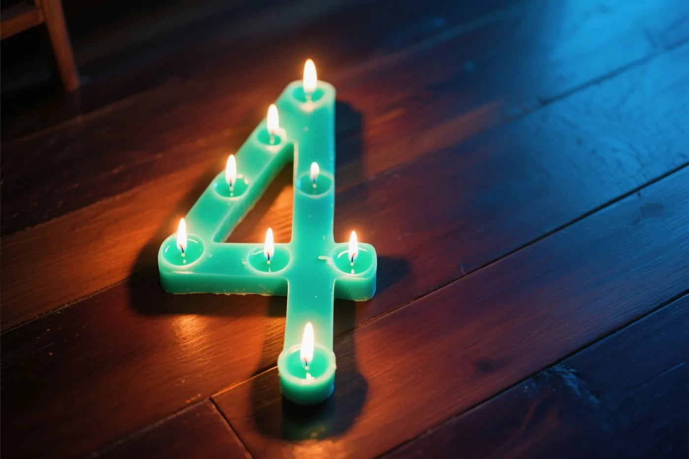 Een brandend theelicht in de vorm van het cijfer 4 staat op een donkere houten vloer in warm kaarslicht.